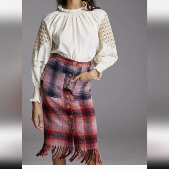 Plaid Fringe Button-Front Women’s Skirt in Pink and Red - Picture 2 of 3